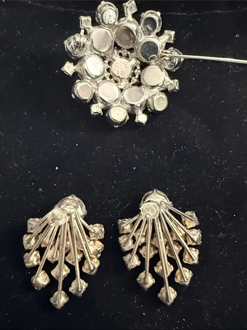 Crystal Cluster Earrings and Brooch Set - Silver-Tone Clear Rhinestones